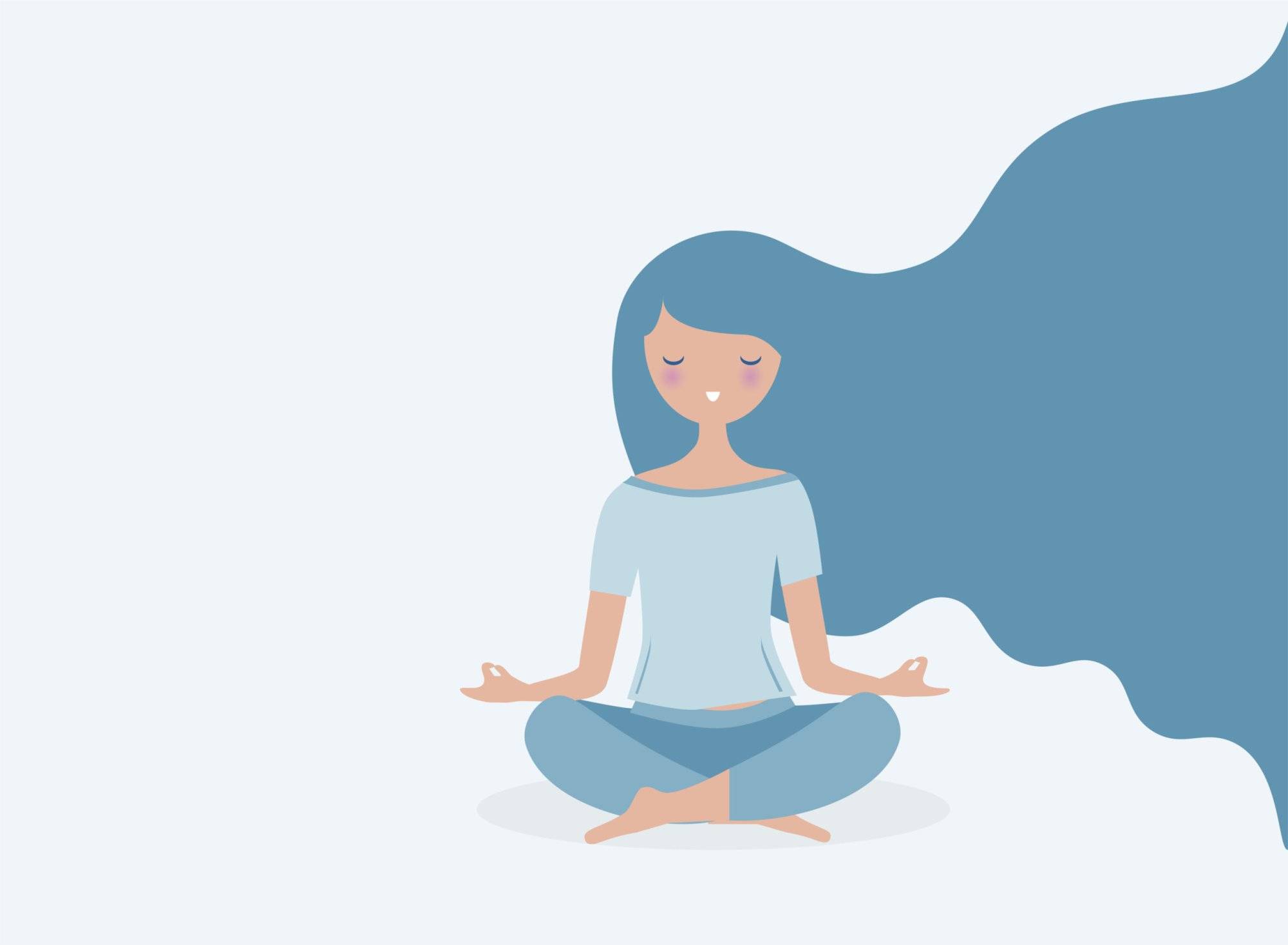 Young woman meditating vector. Relax concept illustration. Modern long hair flowing.